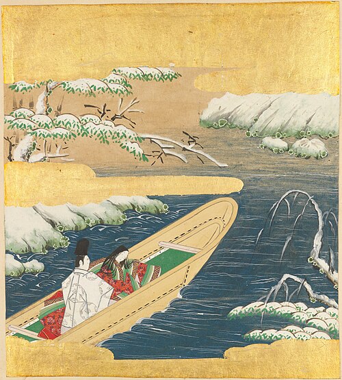 Hoja de álbum pintada de La historia de Genji: un cortesano y una dama en una pequeña barca sobre un río entre orillas nevadas, enmarcados por nubes doradas